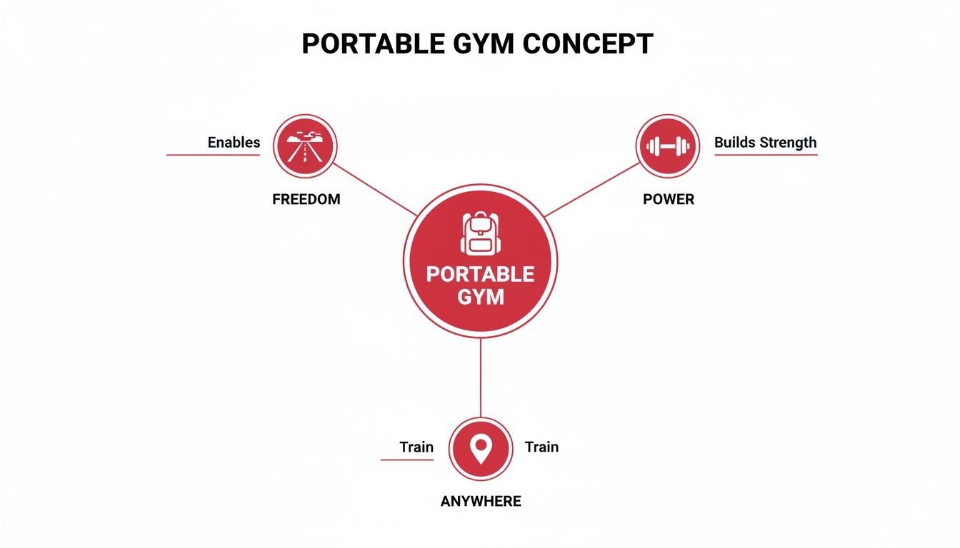 A concept map illustrating a portable gym enables freedom, builds strength, and allows training anywhere.
