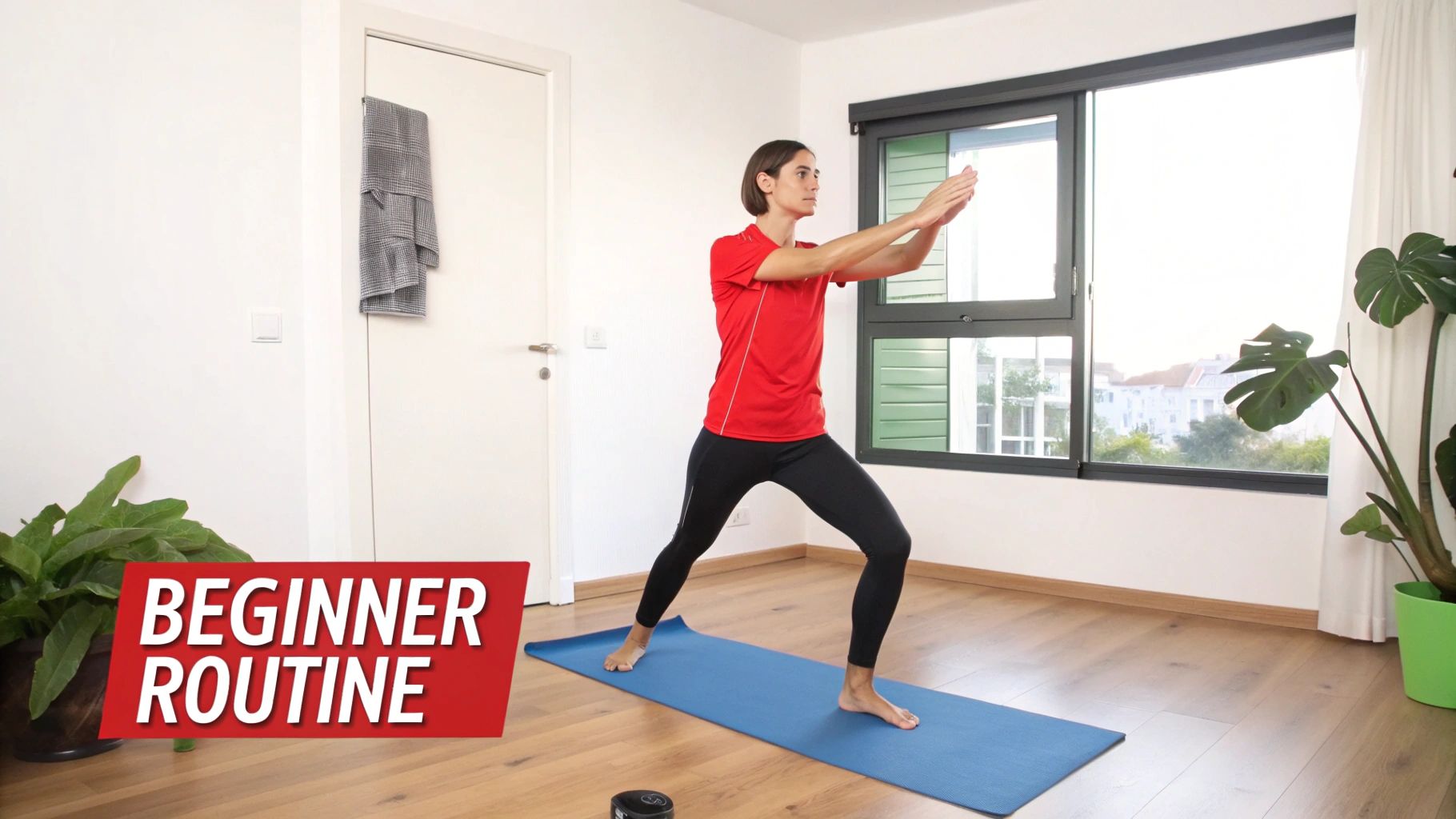 A woman in a red shirt and black leggings doing a beginner workout on a blue yoga mat at home.