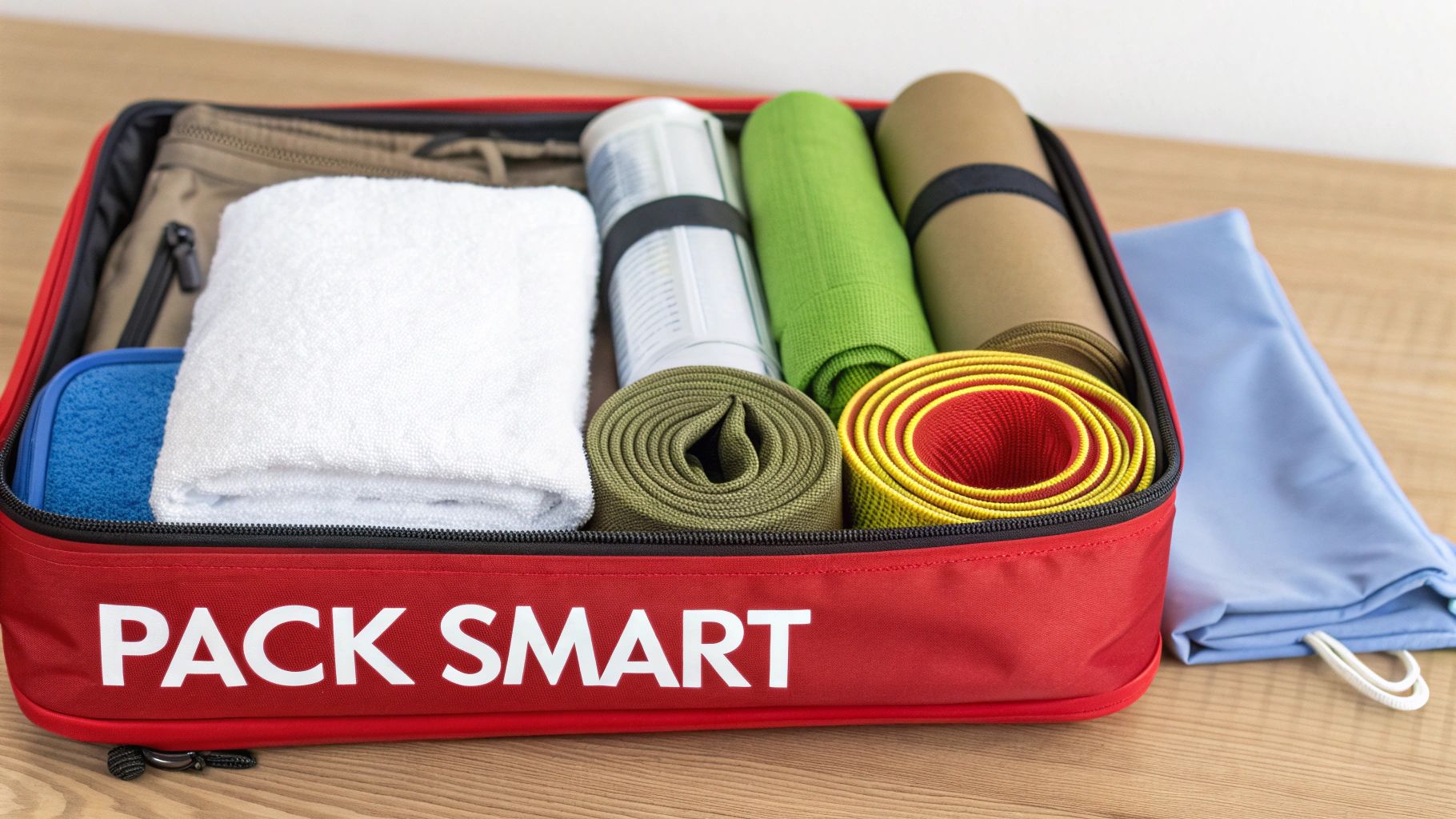 A red 'PACK SMART' packing cube filled with neatly rolled resistance bands, clothes, and a towel.
