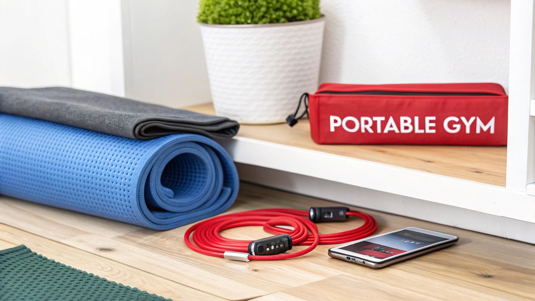 Fitness essentials for home workouts: blue mat, towel, red resistance band, and portable gym kit.