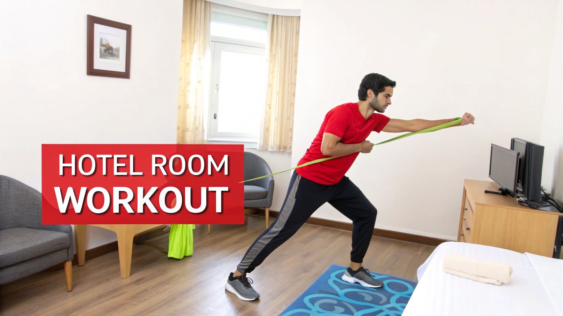 A man performs a resistance band workout in a hotel room, standing on a blue mat.