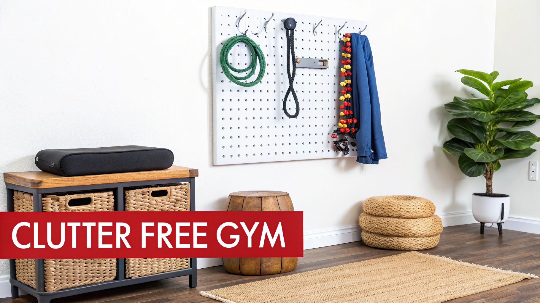 A tidy small home gym featuring a pegboard with fitness equipment, storage baskets, and floor cushions.