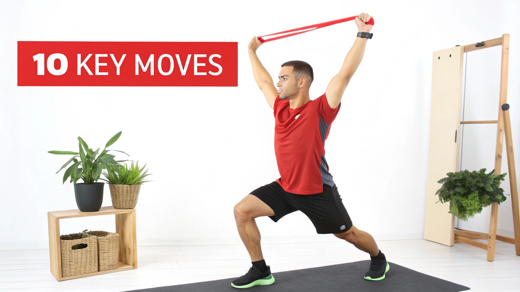 A man in athletic wear performing a lunge exercise with a red resistance band overhead.
