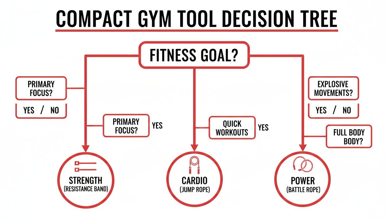 A decision tree flowchart for selecting compact gym tools, guiding users to strength, cardio, or power.