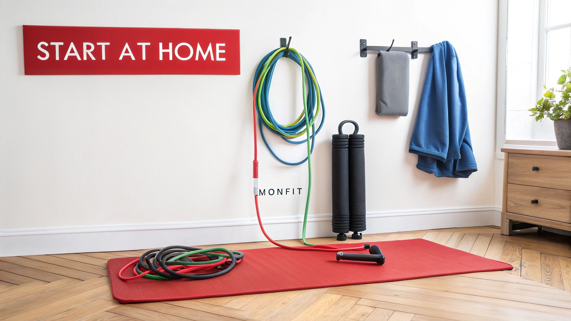A home gym setup with red exercise mat, colorful resistance bands, jump rope, and push-up handles, ready for a workout.