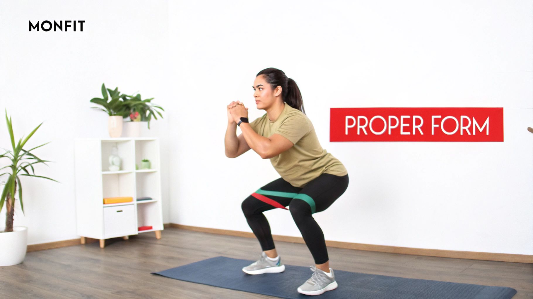 A woman demonstrates a squat with a resistance band for proper home gym exercise.