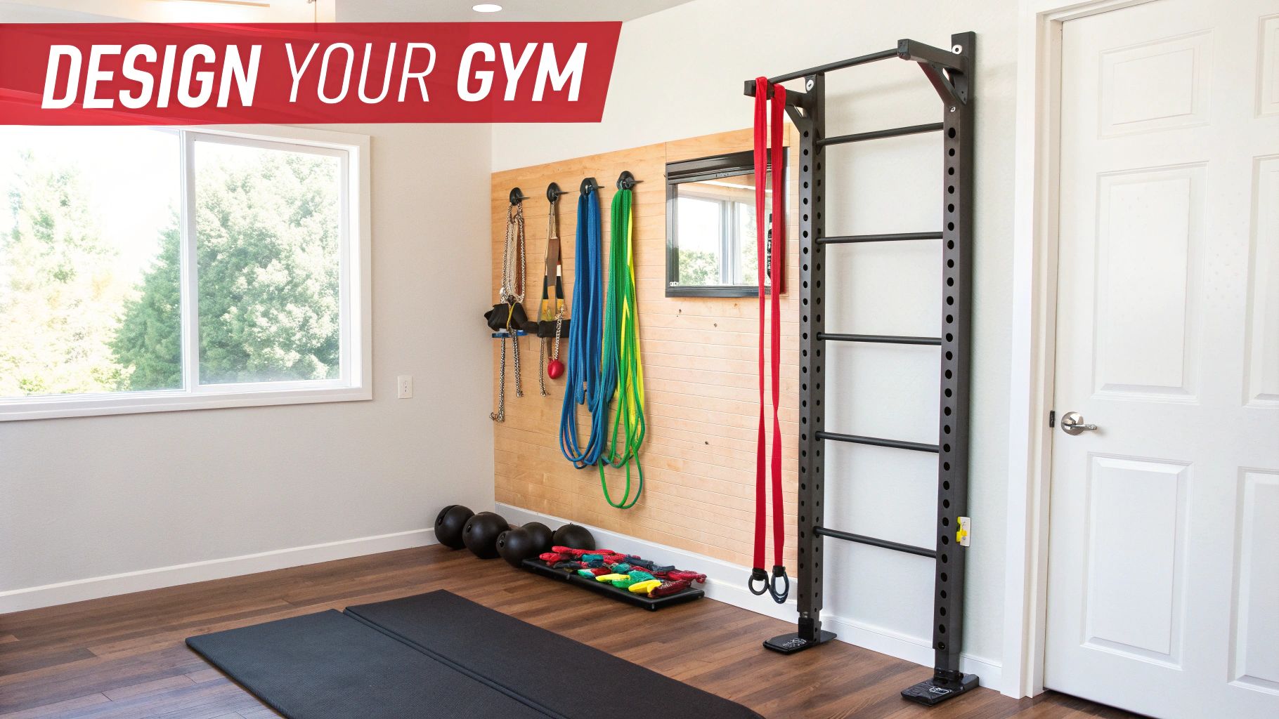 A modern home gym with a wall-mounted exercise rig, resistance bands, weights, and a mat.