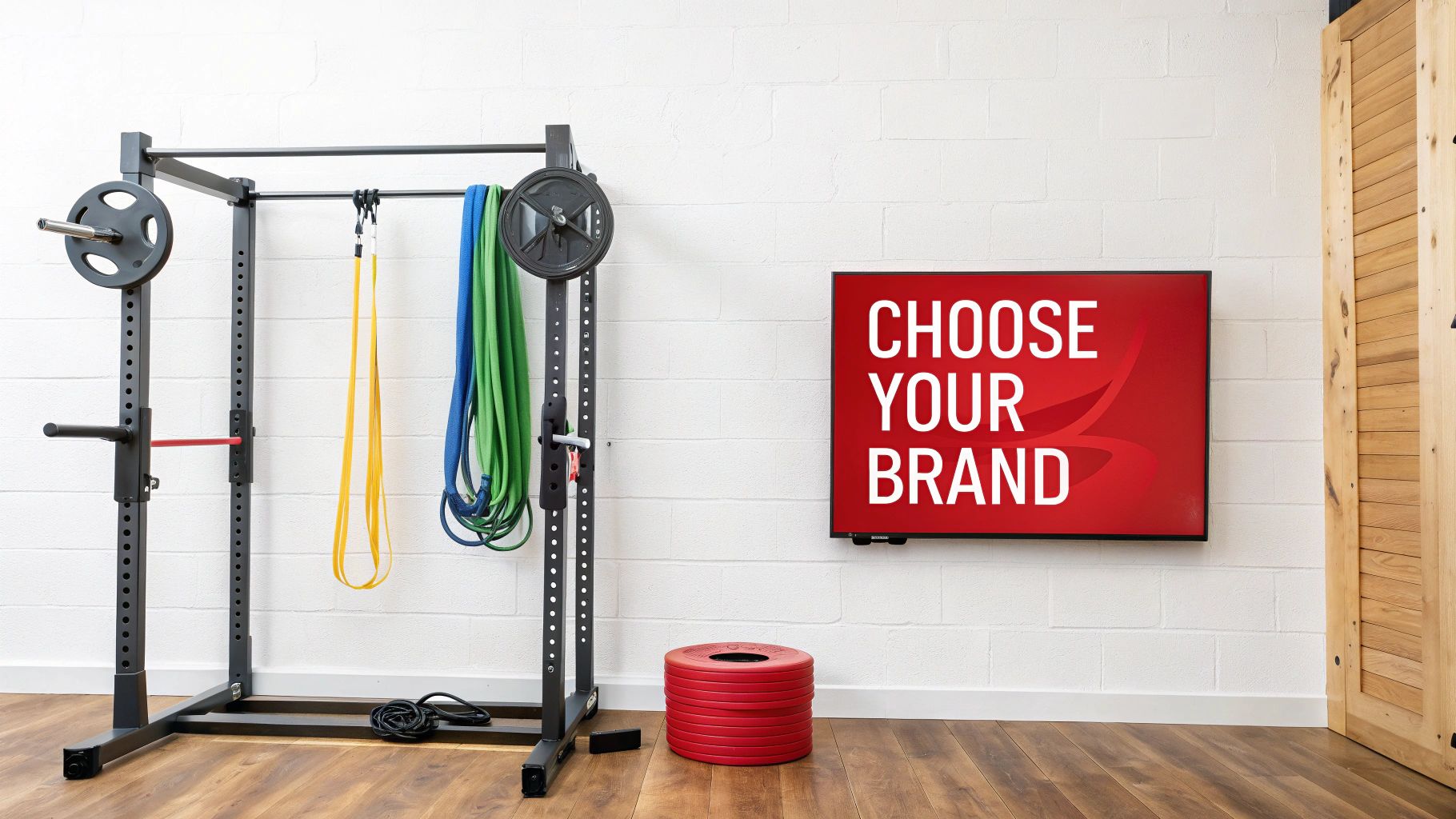 A home gym setup featuring a black power rack with weights, resistance bands, and a TV screen.