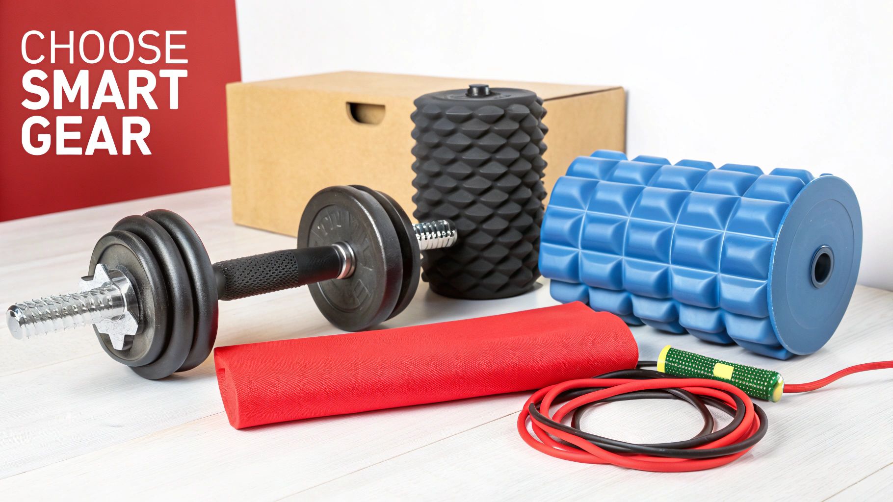 Diverse home gym equipment including a dumbbell, foam rollers, resistance band, and skipping rope.