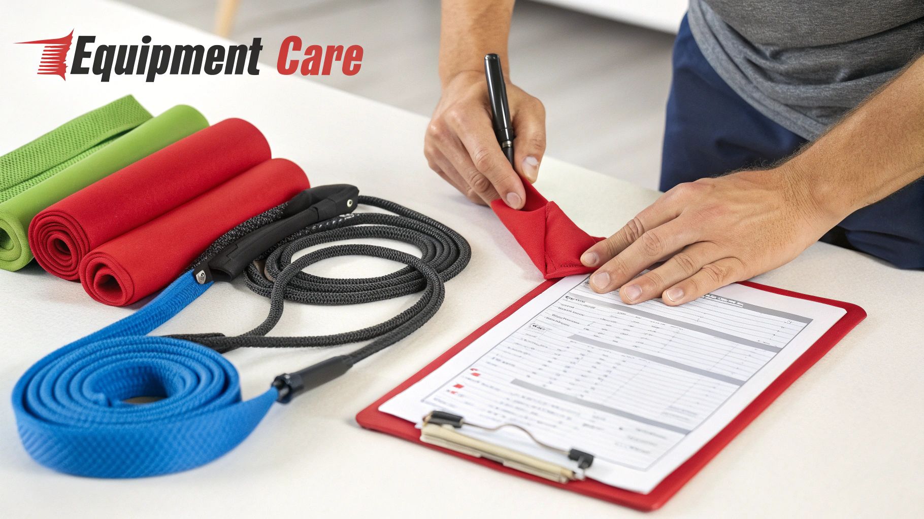 A person uses a pen to check equipment details on a red clipboard with colorful resistance bands and ropes.