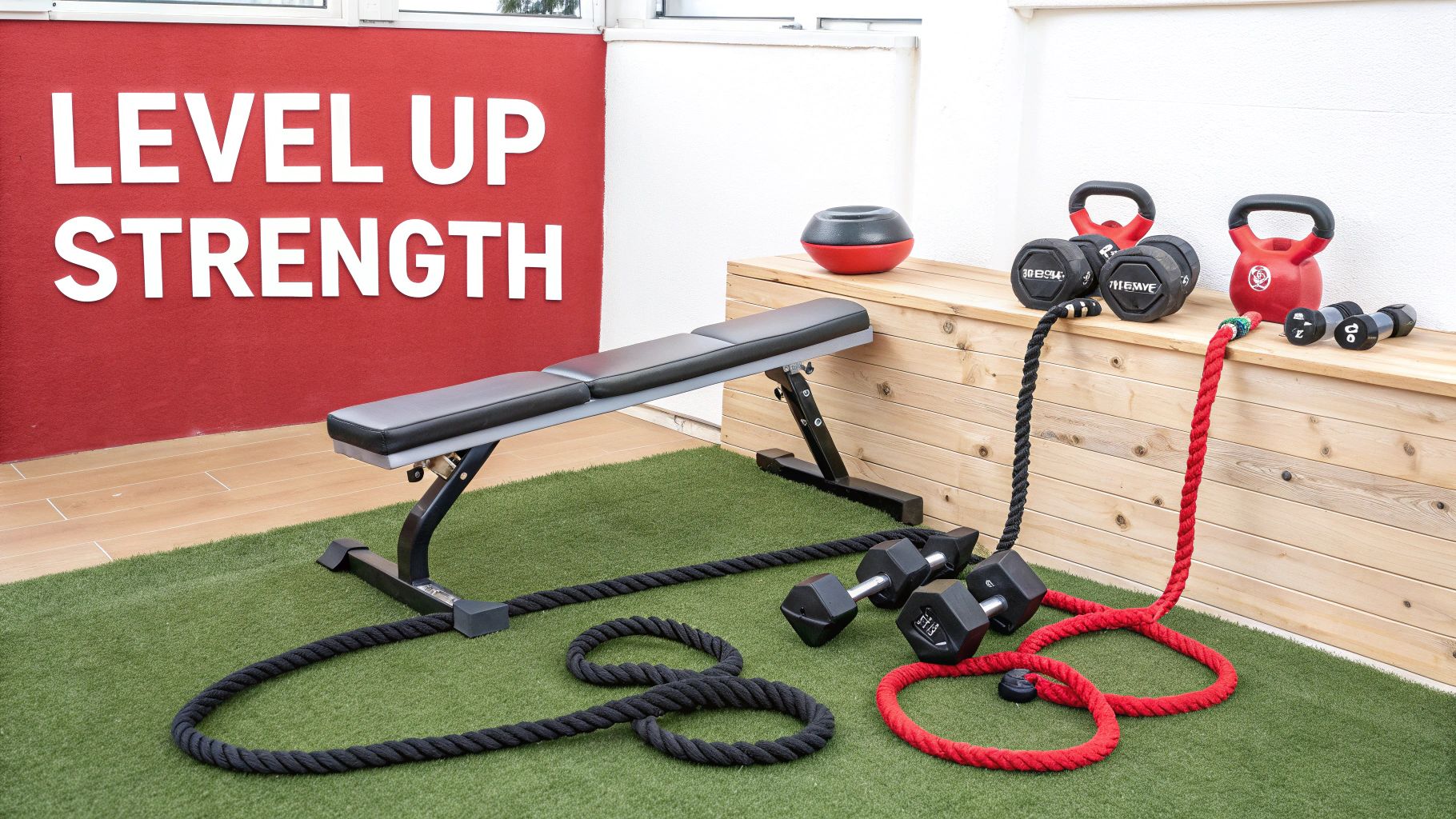 A well-equipped home gym with a weight bench, dumbbells, kettlebells, and battle ropes on green turf.