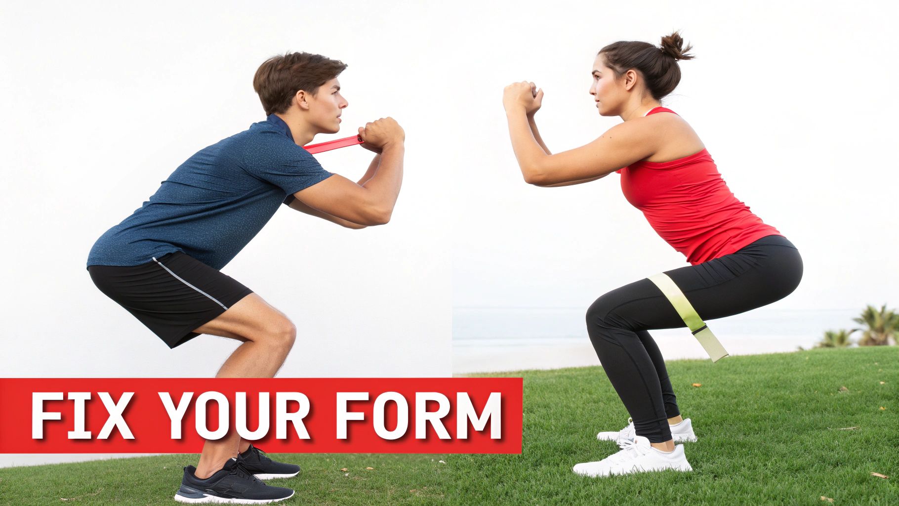 Two people demonstrate proper squat form with resistance bands for effective exercise.