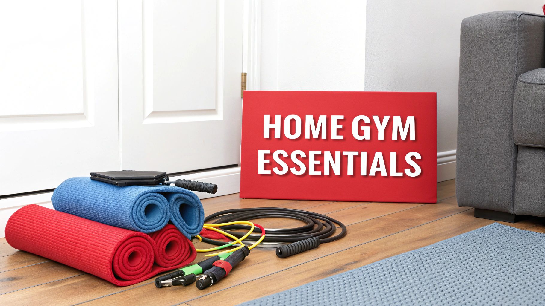 Home gym essentials including red and blue yoga mats, jump rope, and resistance bands on a wooden floor.