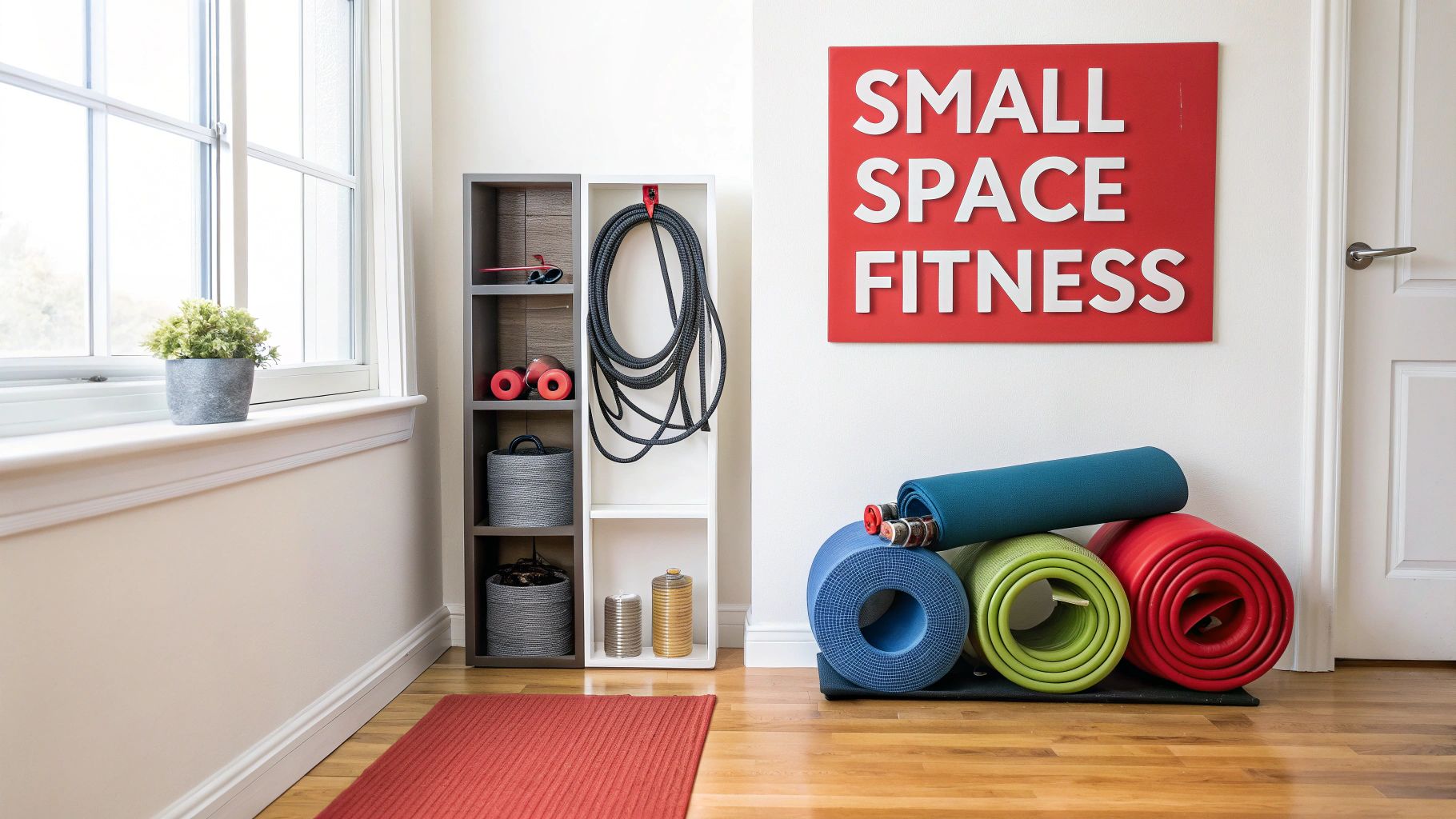 Organized small home gym with colorful yoga mats, weights, jump rope, and storage.
