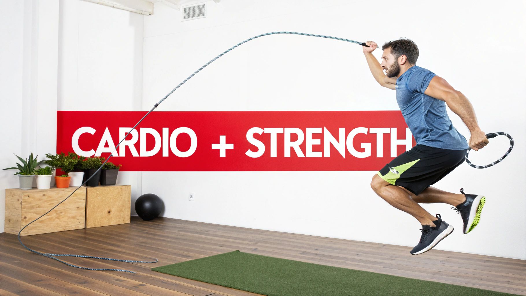 Dynamic shot of a man jumping with a heavy jump rope during a cardio and strength workout in a gym.