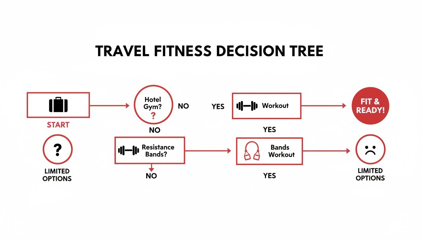 A flowchart decision tree outlining travel fitness options based on hotel gym and resistance band availability.