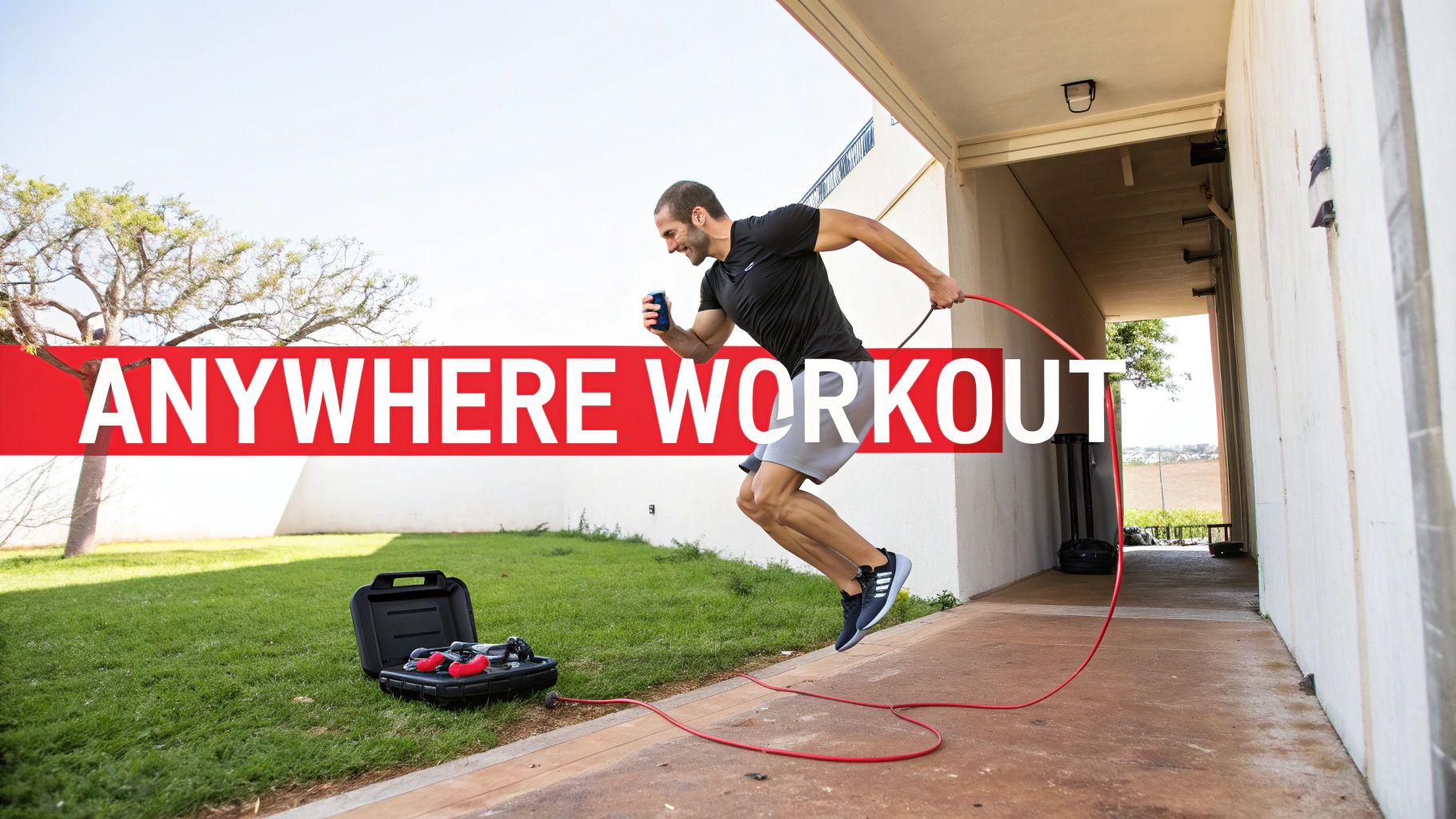 A man jumps with portable resistance band equipment outdoors, showcasing an anywhere workout.