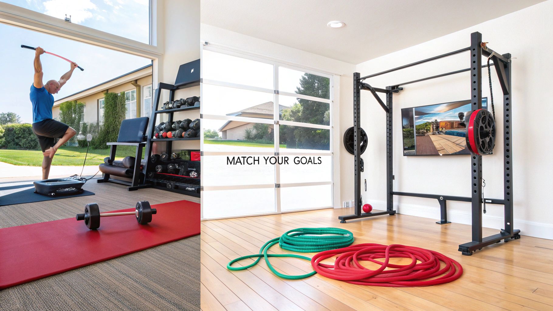 A man exercises in a modern home gym setup with a power rack, weights, and various fitness equipment.
