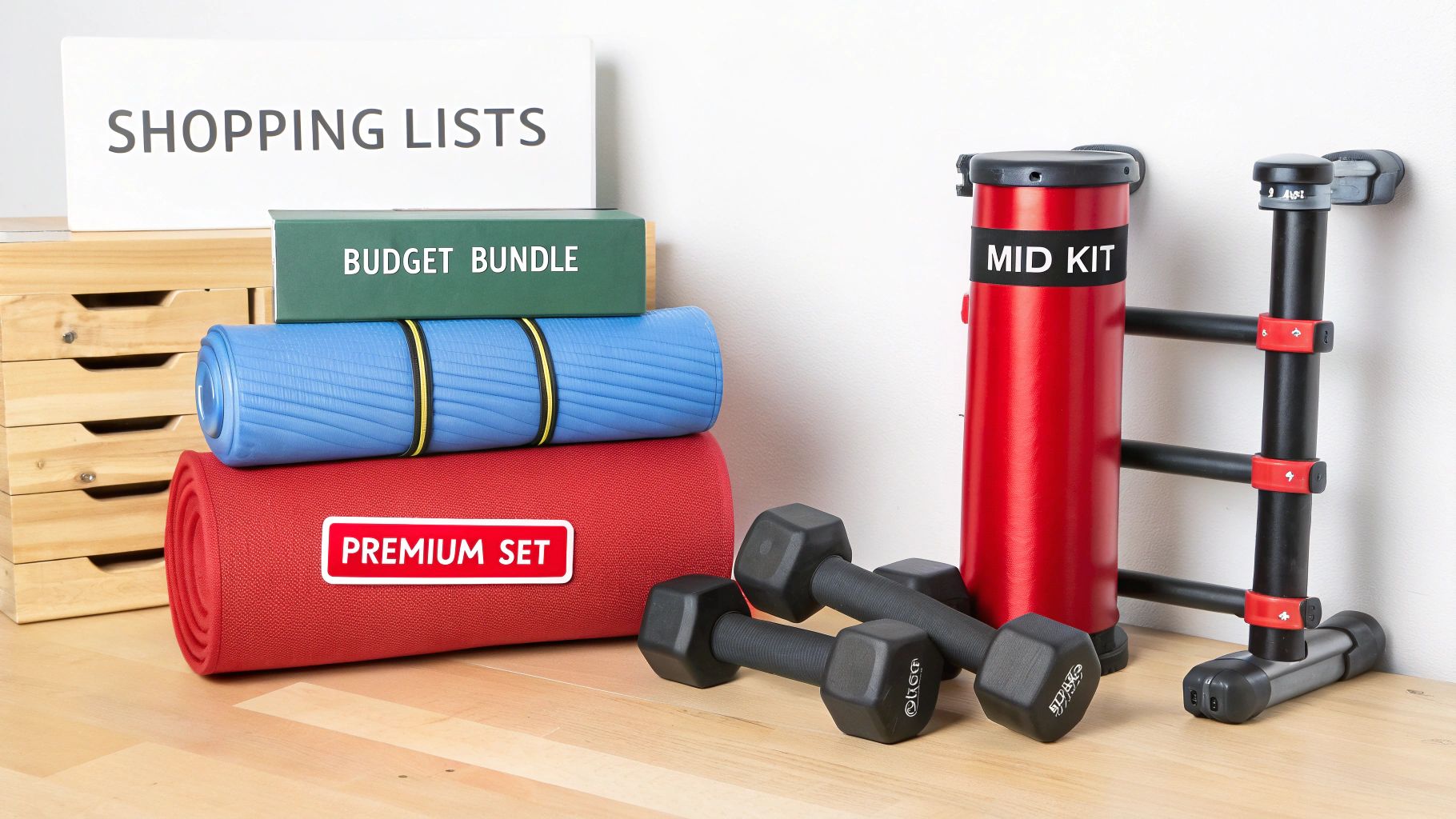 A complete home gym setup featuring exercise mats, dumbbells, a fitness tower, and workout bar.