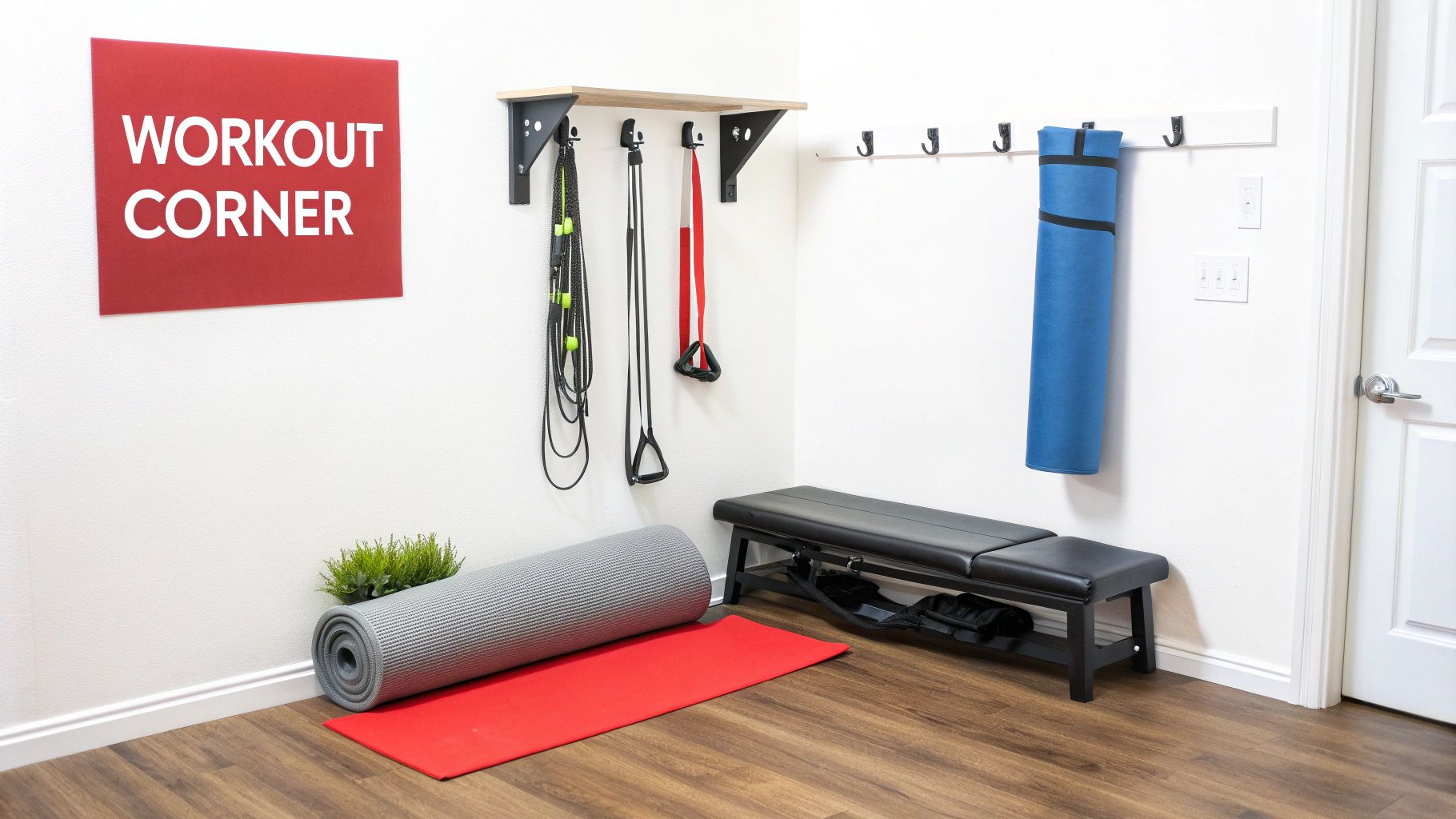 A well-organized home workout corner with mats, resistance bands, a suspension trainer, and a bench.