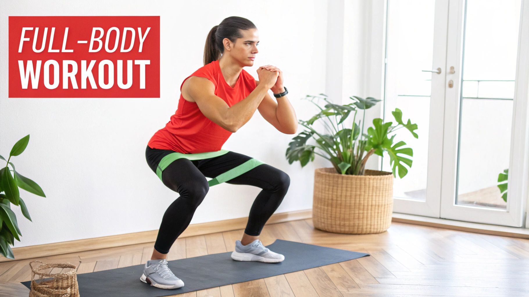 Person doing squats with a green resistance band on a mat in a home workout setting.