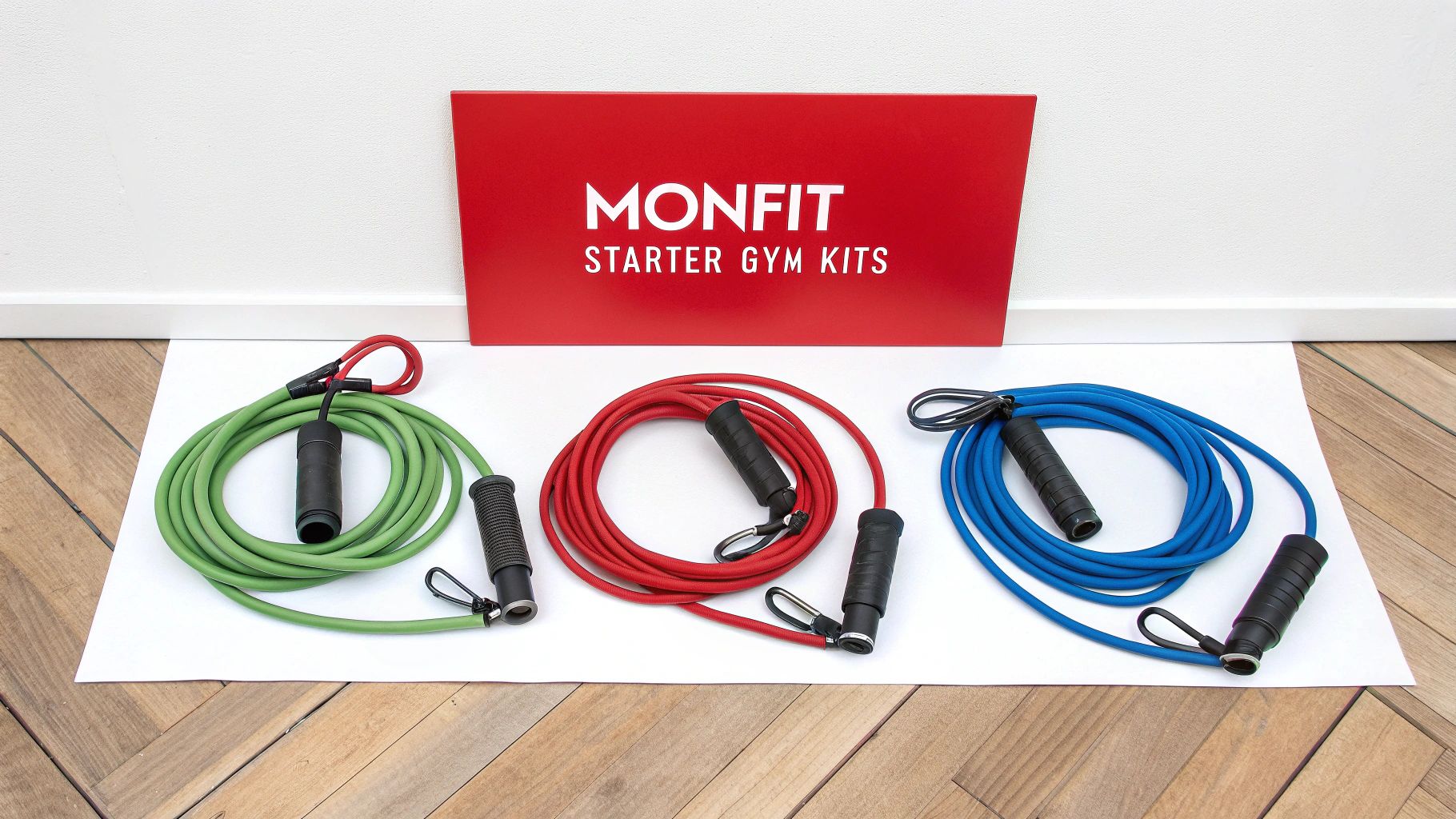 Three Monfit starter gym kits with green, red, and blue resistance bands on a white surface.