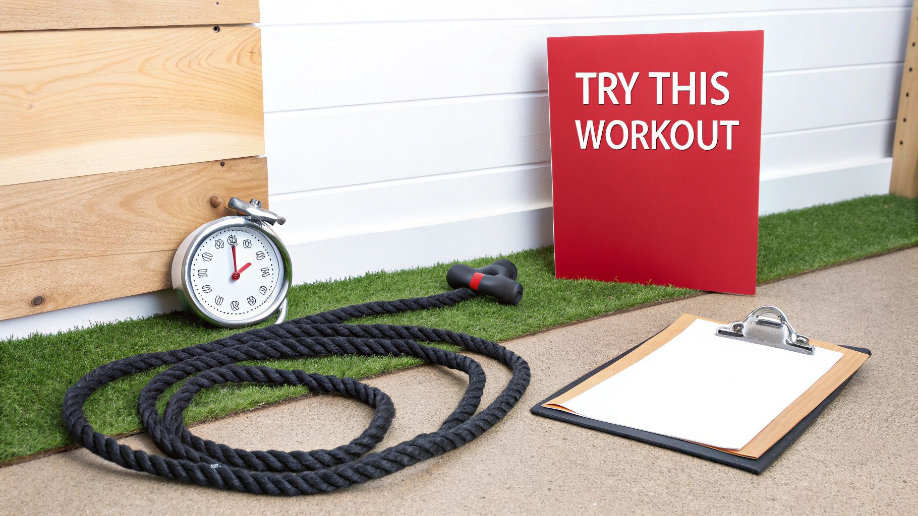 A workout setup with a stopwatch, heavy jump rope, clipboard, and a red "TRY THIS WORKOUT" sign.