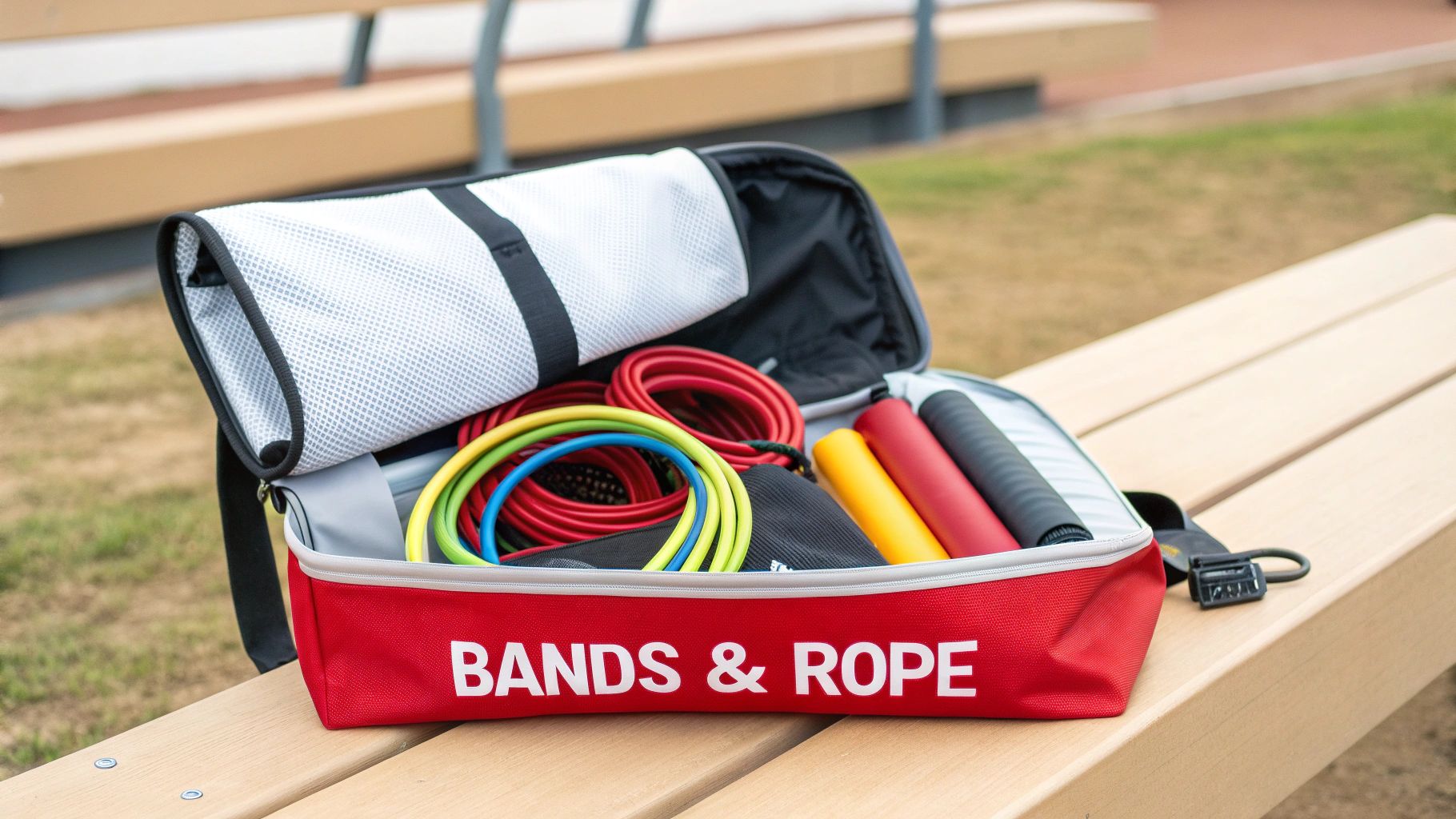 An open red bag with "BANDS & ROPE" text, containing colorful exercise bands and ropes on a wooden bench outdoors.