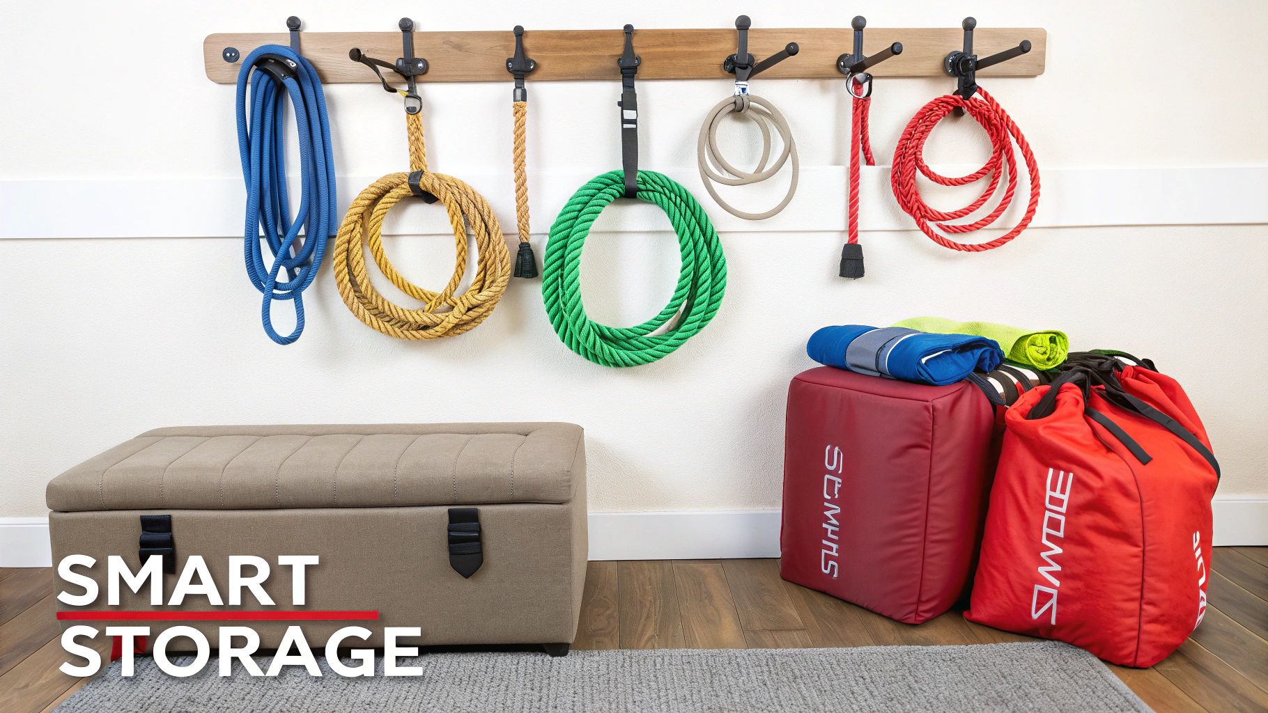 Various colorful coiled ropes hang on a wall rack above a storage ottoman and red gym bags.
