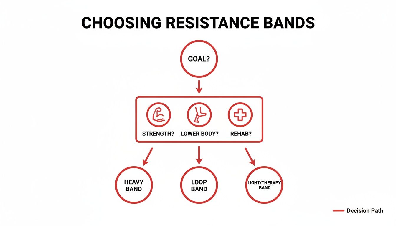 Flowchart guiding resistance band selection for strength, lower body, or rehabilitation goals.
