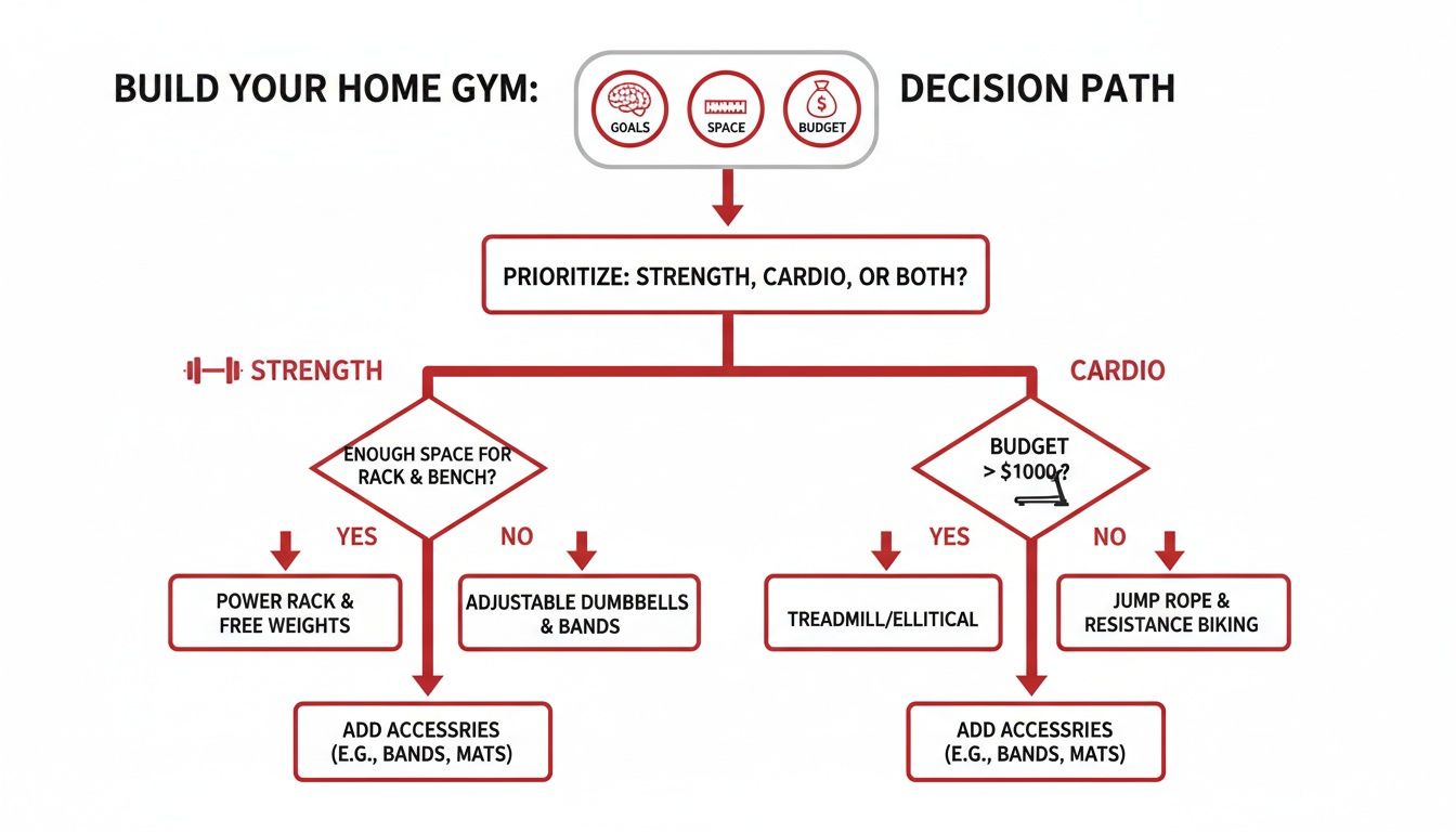 Flowchart outlining the decision path for building a home gym, considering goals, space, and budget.