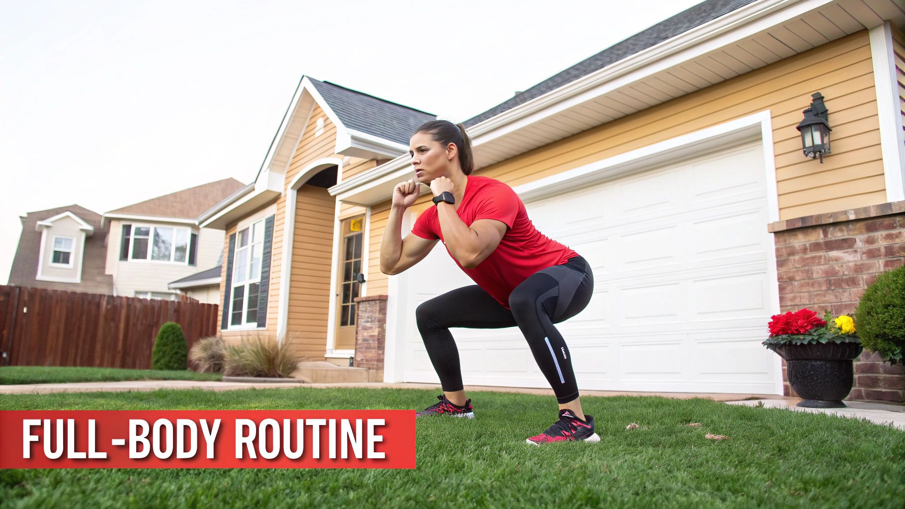 A fit woman in athletic wear performs a squat on a lawn in front of a house.