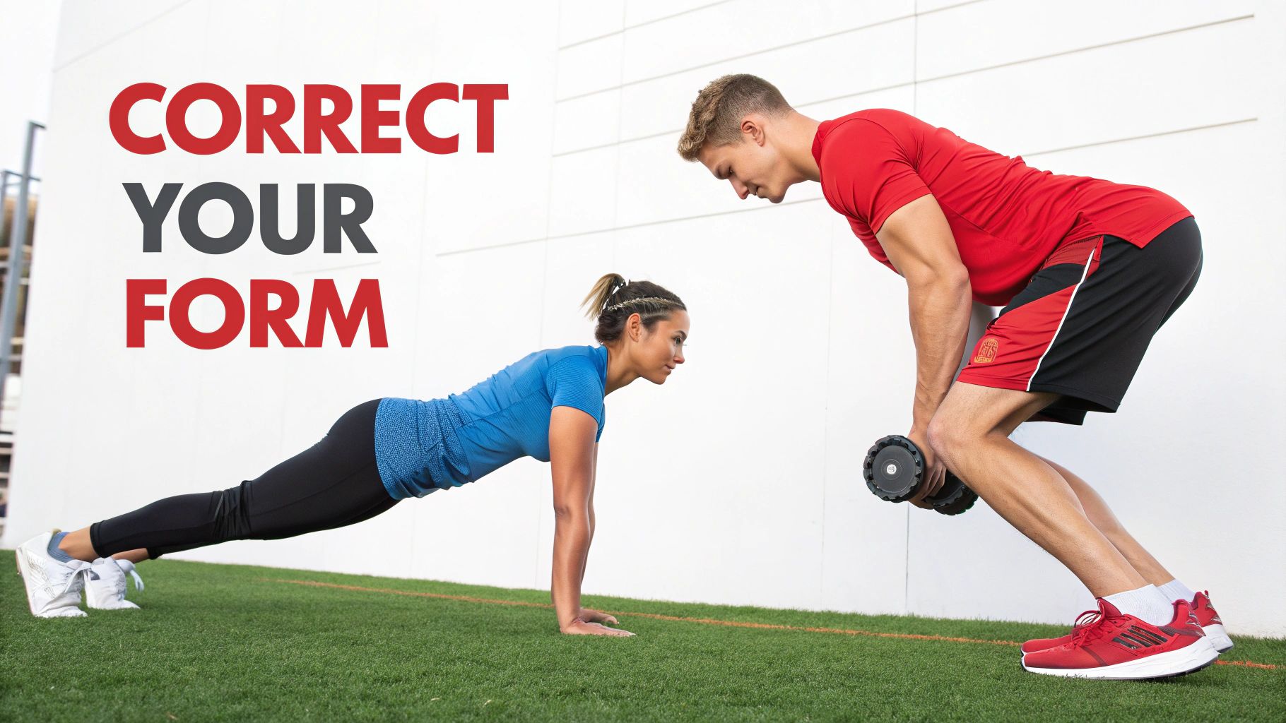 A man and woman demonstrating proper exercise form: plank and dumbbell row, with 'CORRECT YOUR FORM' text.