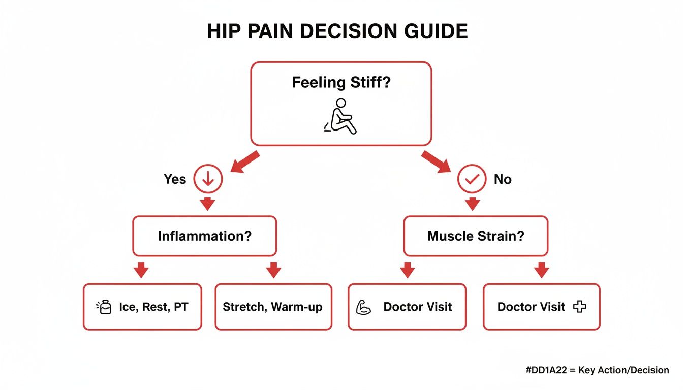 A flowchart titled 'Hip Pain Decision Guide' outlines steps for hip pain based on stiffness, inflammation, or muscle strain.
