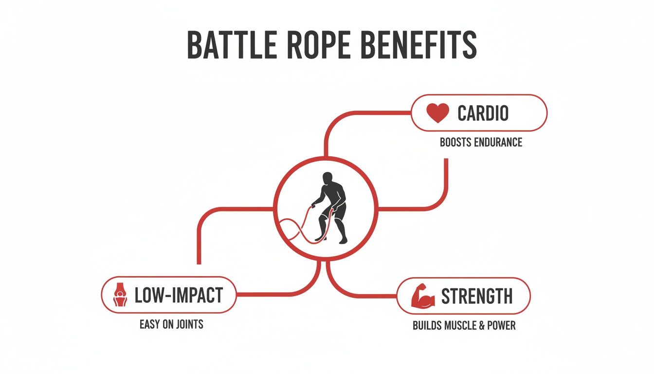 Infographic illustrating battle rope benefits, including cardio, strength, and low-impact exercise for overall fitness.