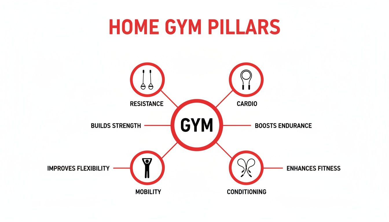 A diagram titled 'Home Gym Pillars' showing Resistance, Cardio, Mobility, and Conditioning as core components.