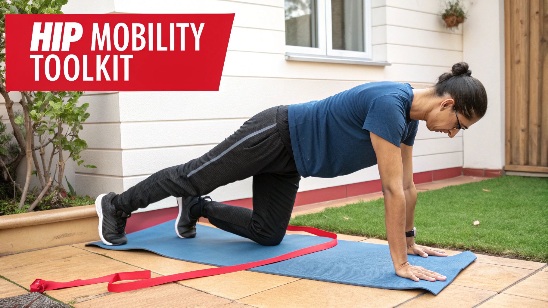 A person in athletic wear performs a hip mobility exercise on a blue mat outdoors, with a red resistance band.