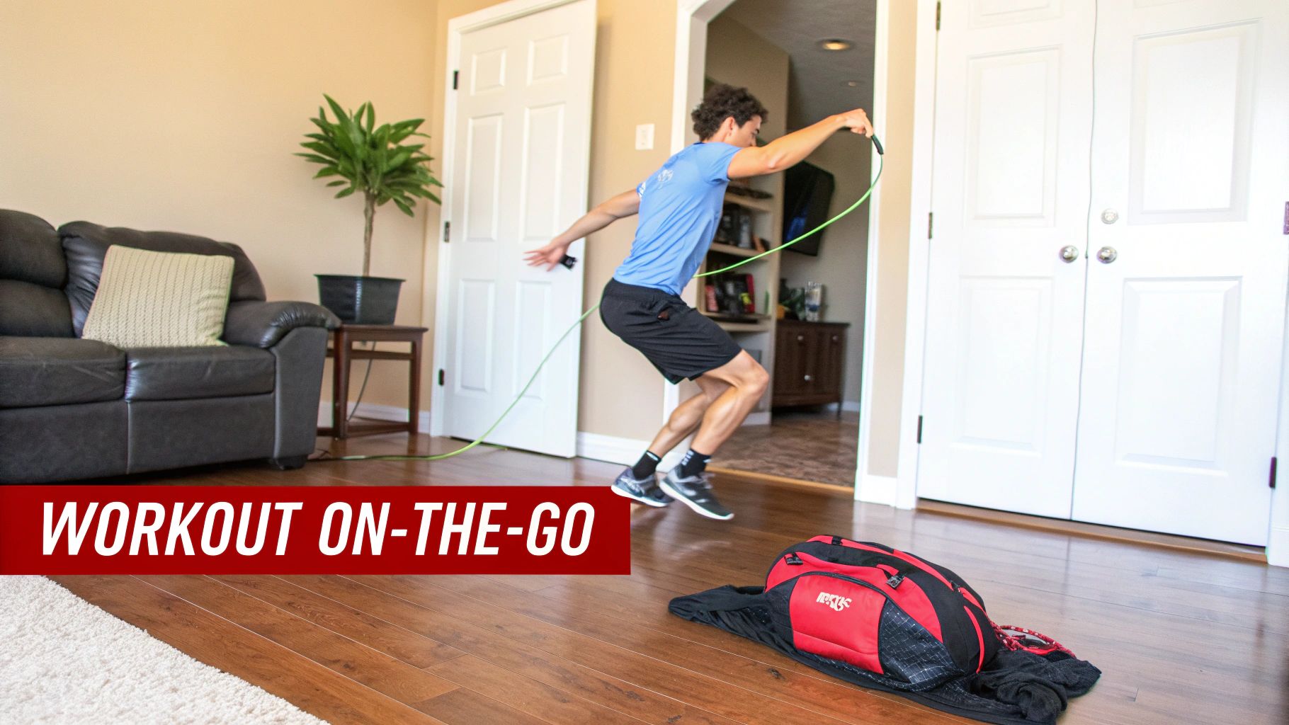 A man jump roping indoors with a red gym bag on the floor, ready for a workout on-the-go.