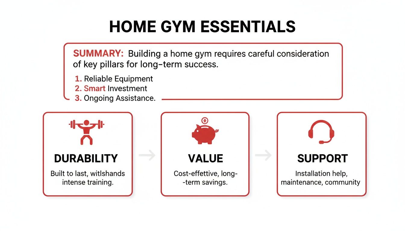Infographic showing home gym essentials, emphasizing durability, value, and support for long-term success.