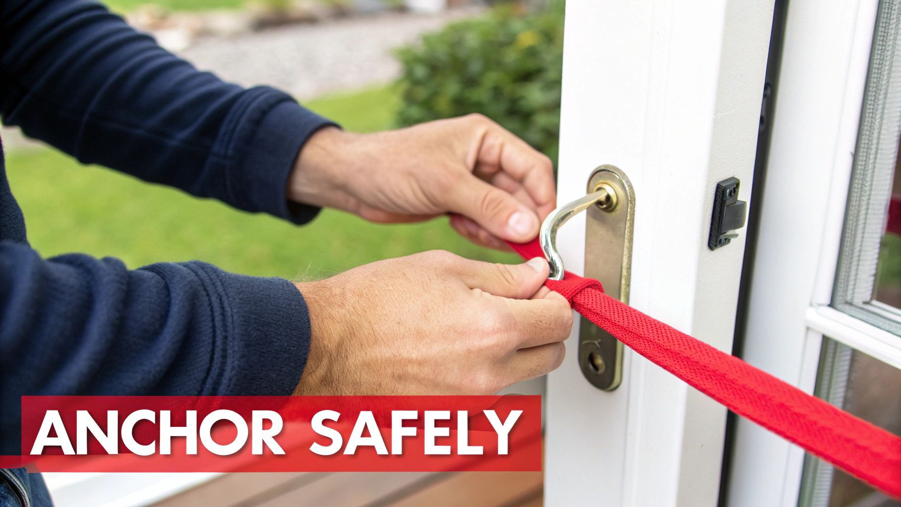 Hands securing a red resistance band to a door handle, emphasizing safe anchoring for home workouts.