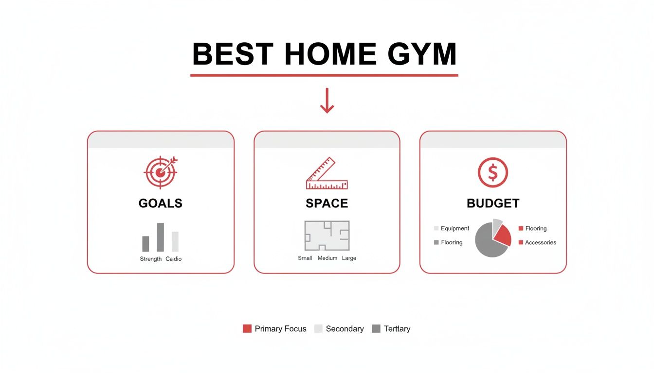 An infographic titled 'Best Home Gym' outlining considerations for goals, space, and budget with charts.