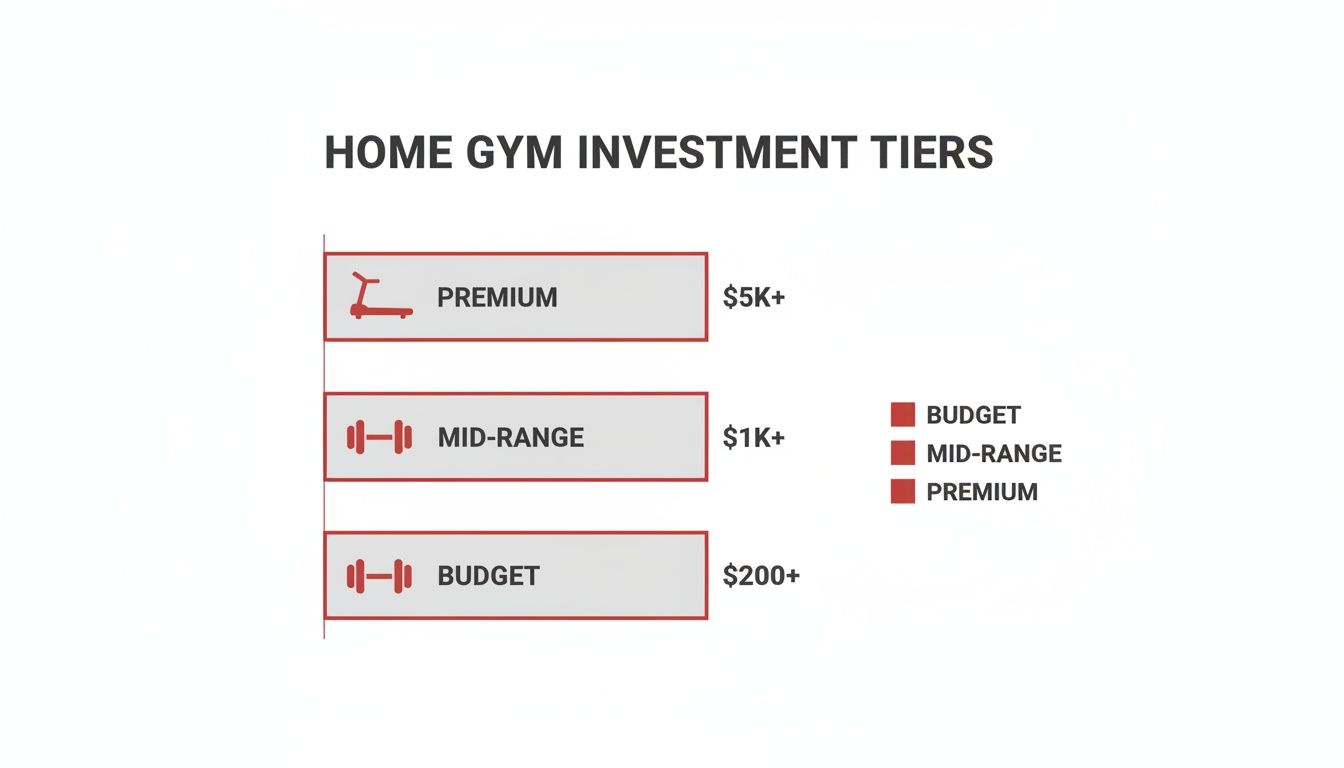 Infographic showing home gym investment tiers: Budget ($200+), Mid-Range ($1K+), and Premium ($5K+).