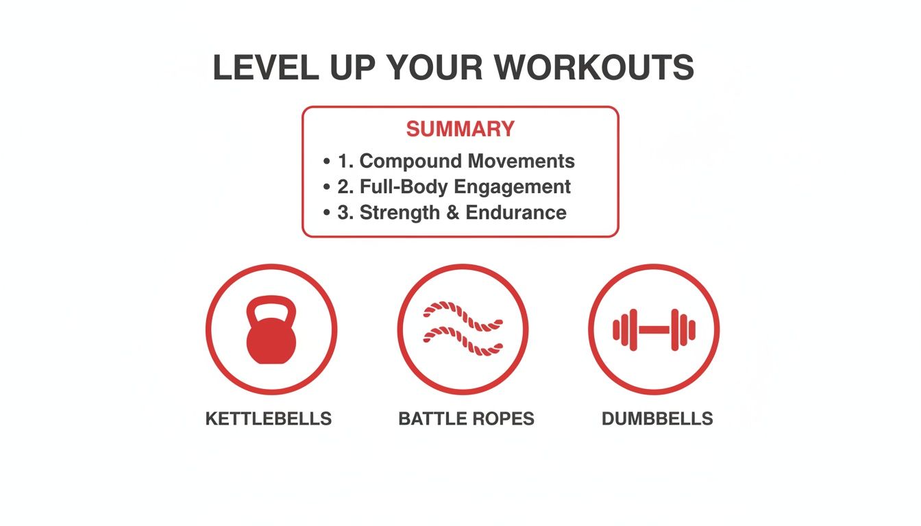 Graphic showing workout summary points (Compound Movements, Full-Body, Strength & Endurance) and equipment: kettlebells, battle ropes, dumbbells.