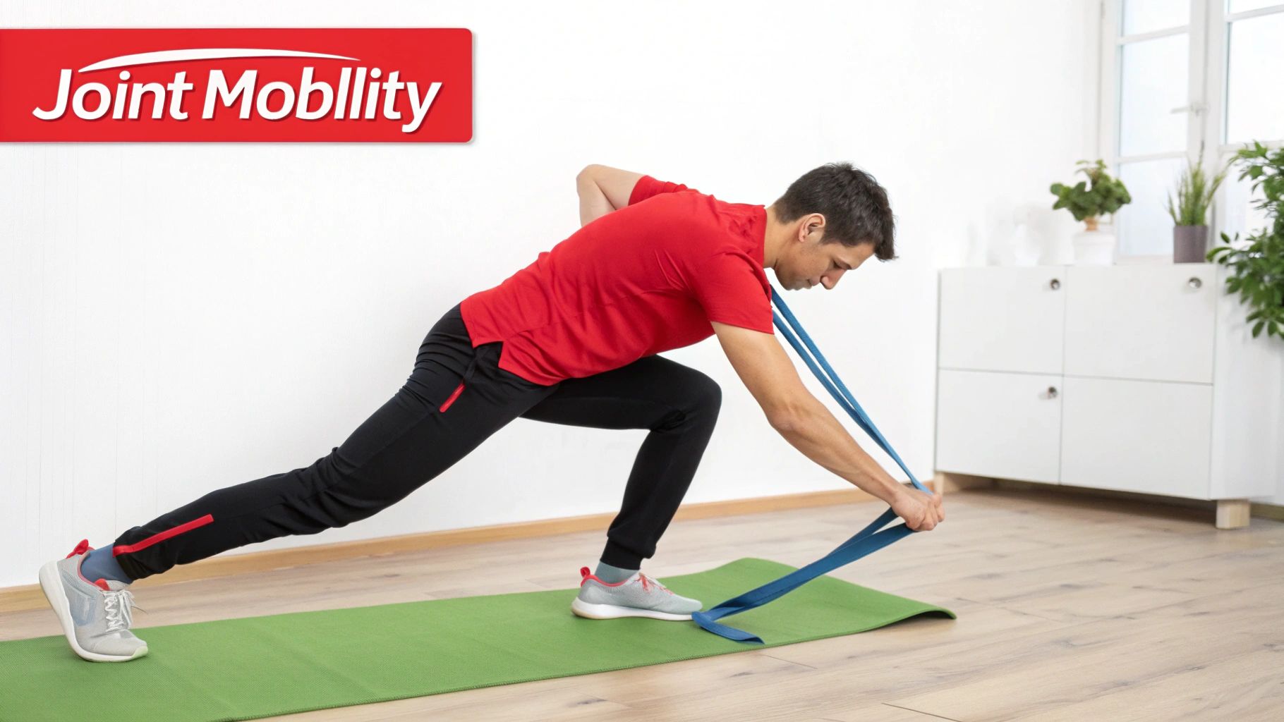 A man in a red shirt performs a lunge with a blue resistance band on a green yoga mat.