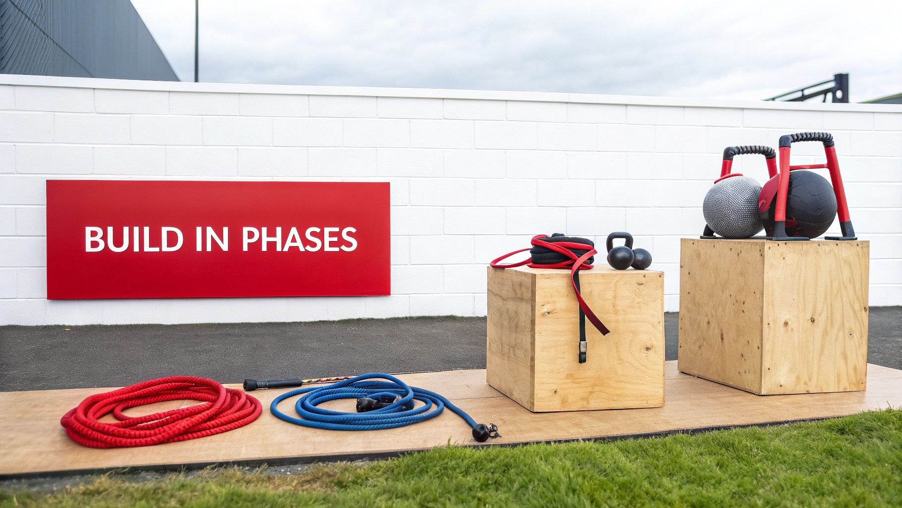 Outdoor home gym setup with battle ropes, kettlebells, medicine balls, and plyo boxes on a wooden platform.