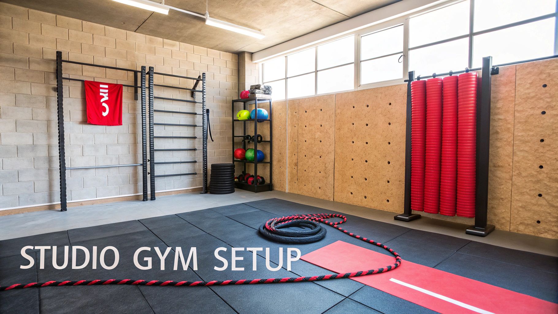 A well-equipped small studio gym with wall bars, weights, battle ropes, and rubber flooring.