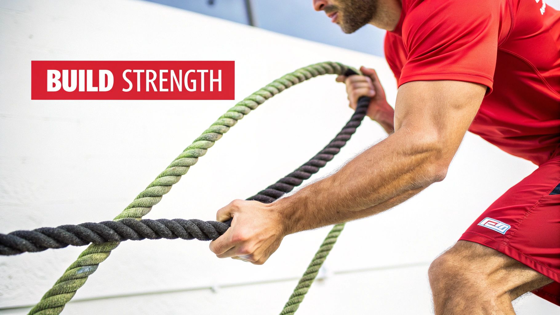 A man in red sportswear actively pulls two thick battle ropes, one green and one black, building strength against a bright background.