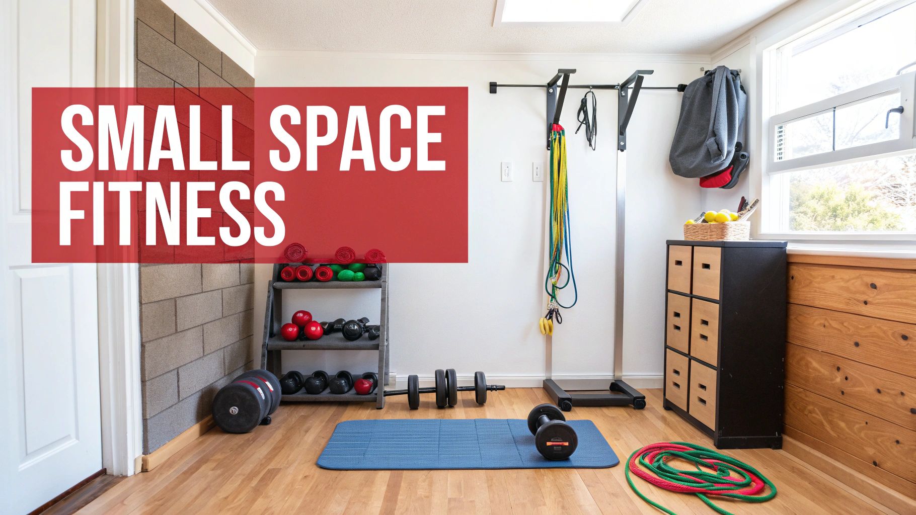 A well-organized small home gym featuring various fitness equipment like dumbbells, kettlebells, resistance bands, and a yoga mat.