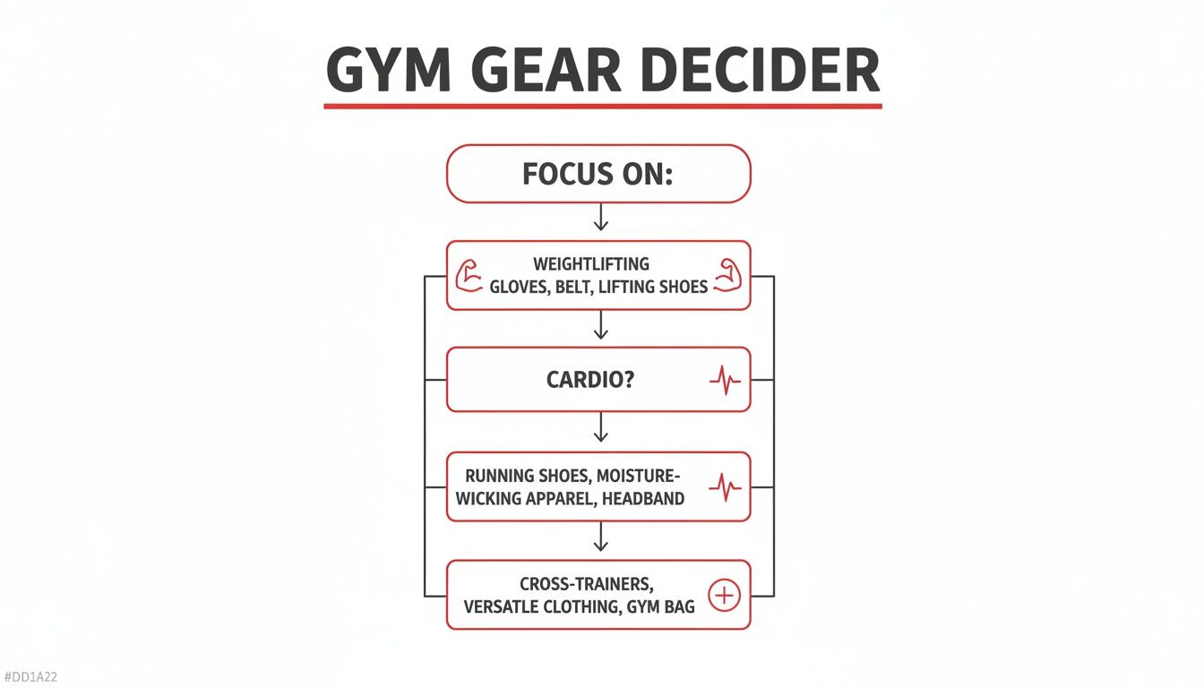 Flowchart guiding gym gear selection for different workout focuses like weightlifting, cardio, and versatile training.