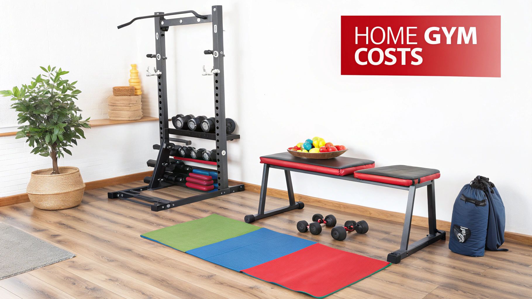 A home gym setup featuring a power rack, various dumbbells, a weight bench, and colorful exercise mats.